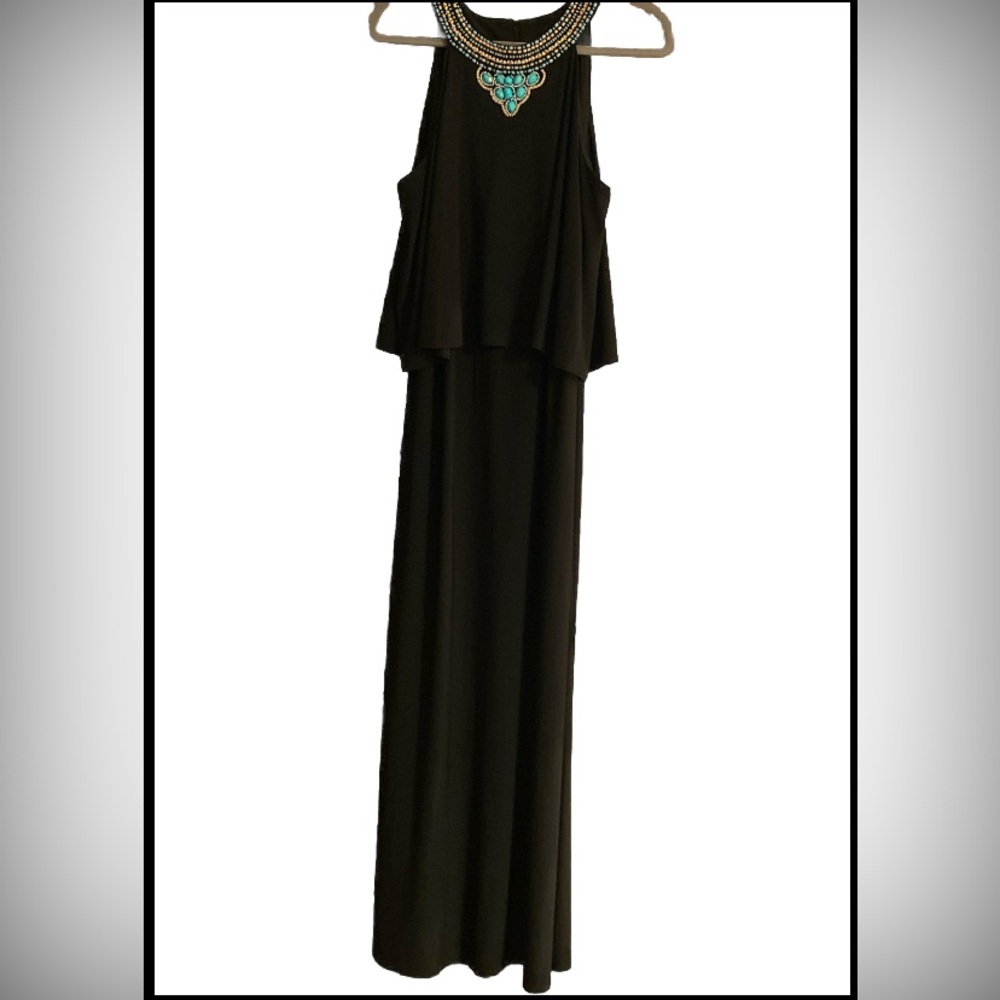 Jessica Howard  Black Floor Length Sheath Dress Boho Jewel Neck Line Size 14